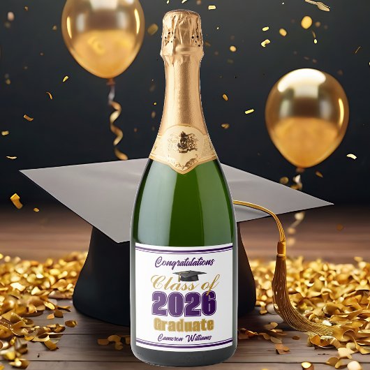 Purple Gold Class of 2026 Custom Graduation Party Schaumweinetikett