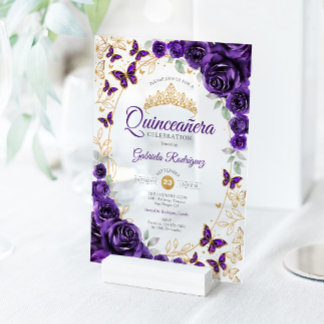 Purple Gold Floral Quinceanera Acryleinladungen