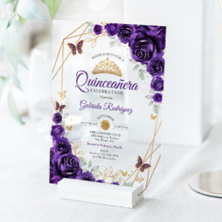 Purple Gold Floral Quinceanera Acryleinladungen