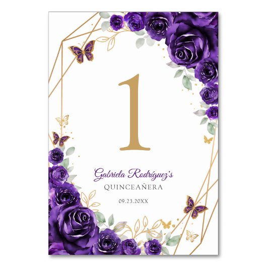Purple Gold Floral Quinceanera Tischnummer (Vorderseite)