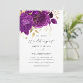 Purple Gold Floral Rose Wedding   Einladung (Stehend Vorderseite)