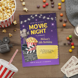 Purple Gold Kids Backyard Movie Night Birthday Einladung