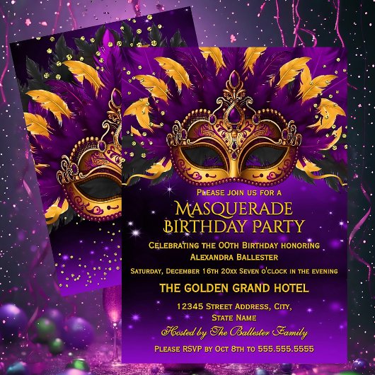 Purple Gold Masks Masquerade Birthday Party Einladung