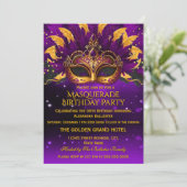 Purple Gold Masks Masquerade Birthday Party Einladung (Stehend Vorderseite)