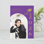 Purple & Gold Photo Graduation announcement (Stehend Vorderseite)