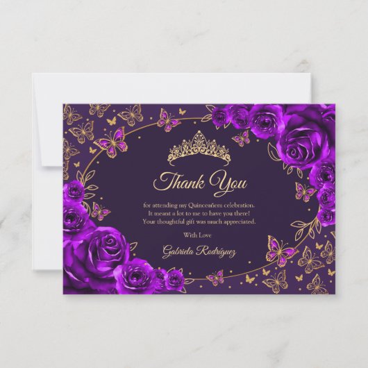 Purple Gold Quinceanera Dankeskarte (Vorderseite)