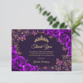 Purple Gold Quinceanera Dankeskarte (Stehend Vorderseite)