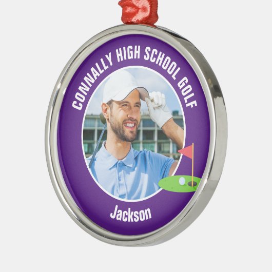 Purple Golfer Photo Custom Golf Team Christmas Ornament Aus Metall (Links)