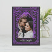 Purple Gothic Vampire Cathedral Photo Wedding Dankeskarte (Stehend Vorderseite)