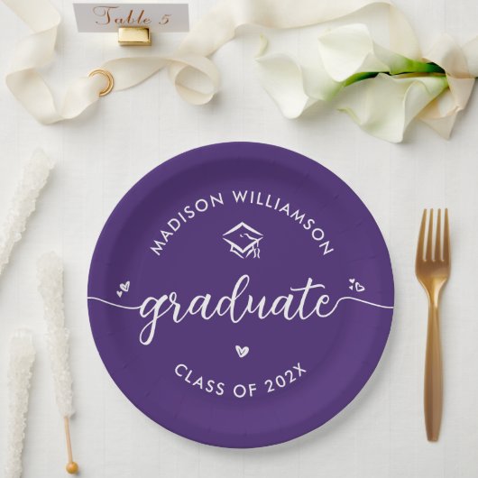 Purple Graduation Script Hearts Cap Icon Modern Pappteller (Hochzeit)