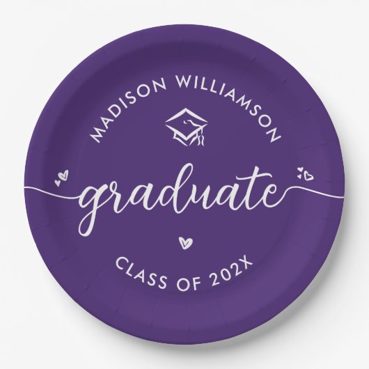 Purple Graduation Script Hearts Cap Icon Modern Pappteller (Vorderseite)