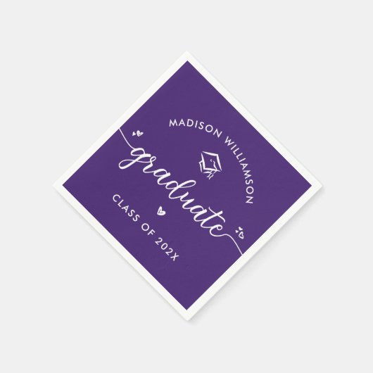Purple Graduation Script Hearts Cap Icon Modern Serviette (Ecke)