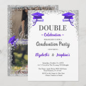 Purple Gray double Graduation Party 2 photo Einladung (Vorne/Hinten)