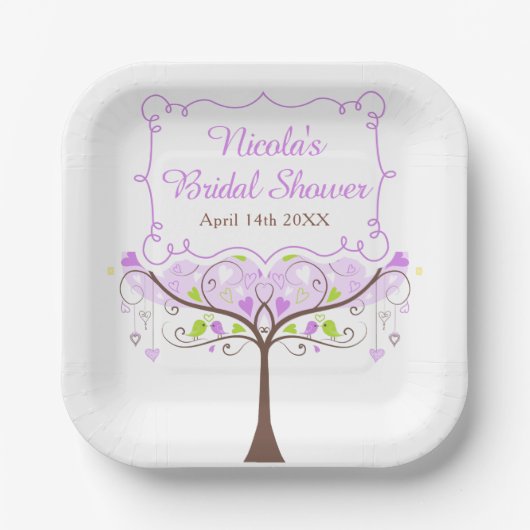 Purple & Green Floral Bird Bridal Shower  Pappteller (Vorderseite)