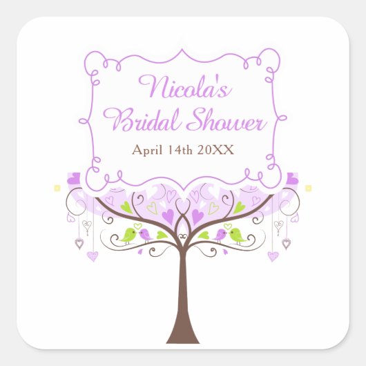 Purple & Green Floral Bird Bridal Shower  Quadratischer Aufkleber (Vorderseite)