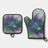 Purple Green Flower Modern Abstract Art Fractal Ofenhandschuh & Topflappen-Set (Vorderseite)