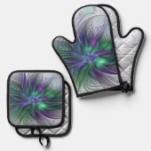 Purple Green Flower Modern Abstract Art Fractal Ofenhandschuh & Topflappen-Set (Vorderseite/Rückseite)