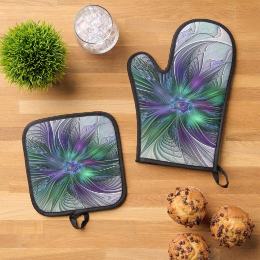Purple Green Flower Modern Abstract Art Fractal Ofenhandschuh & Topflappen-Set (Oben Unten)