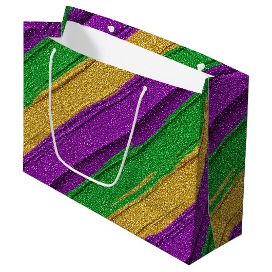 PURPLE GREEN GOLD GLITTER LOOK MARDI GRAS GROßE GESCHENKTÜTE (Vorderseite Schrägansicht)