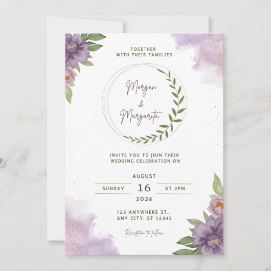 Purple & Green Watercolor Wedding Invitation Einladung (Vorderseite)