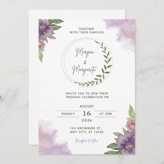 Purple & Green Watercolor Wedding Invitation Einladung (Vorne/Hinten)
