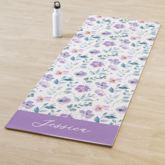 Purple Green Watercolor Wildflower Custom Name Yogamatte