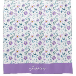 Purple Green Watercolor Wildflower Monogram Name Duschvorhang