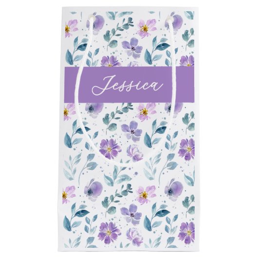Purple Green Watercolor Wildflower Monogram Name Kleine Geschenktüte (Vorderseite)