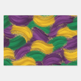 PURPLE GREEN YELLOW MARDI GRAS BRUSH STROKES GESCHENKPAPIER SET
