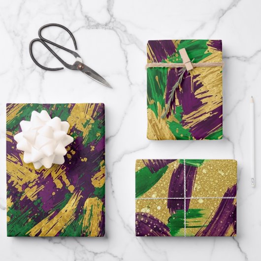 PURPLE GREEN YELLOW MARDI GRAS BRUSH STROKES GESCHENKPAPIER SET (Vorderseite)