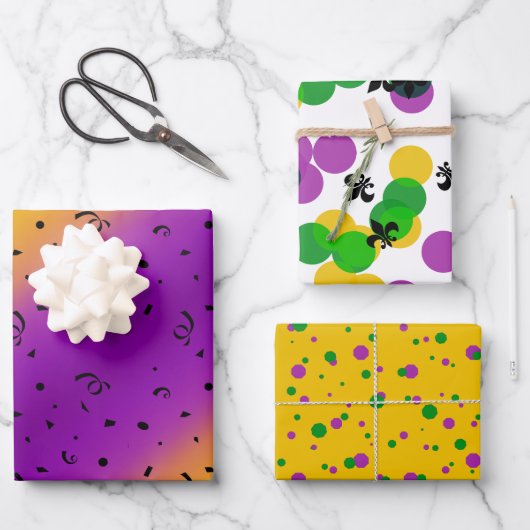 PURPLE GREEN YELLOW MARDI GRAS PATTERNS GESCHENKPAPIER SET (Vorderseite)