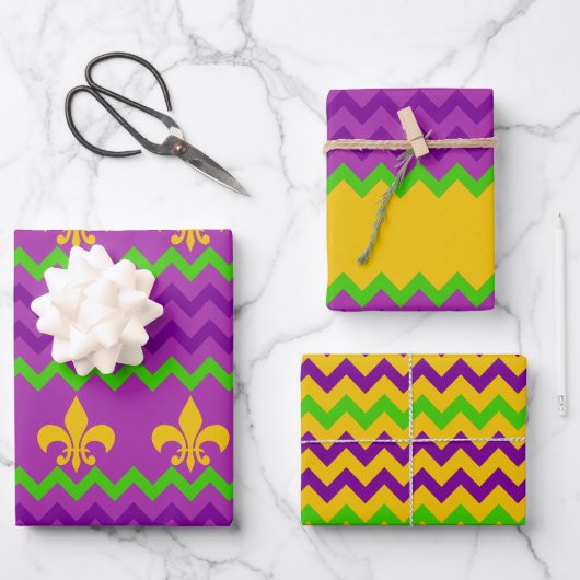 PURPLE GREEN YELLOW MARDI GRAS PATTERNS GESCHENKPAPIER SET (Vorderseite)