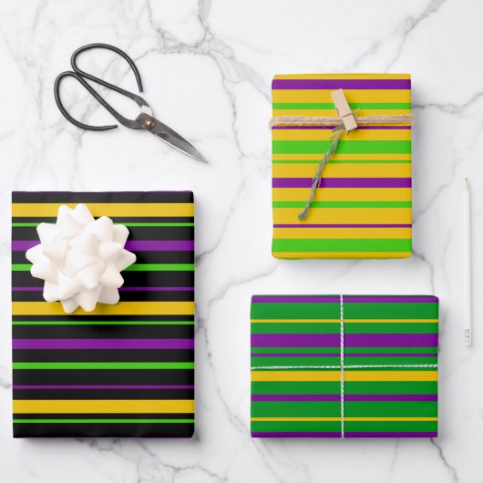 PURPLE GREEN YELLOW MARDI GRAS STRIPES GESCHENKPAPIER SET (Vorderseite)