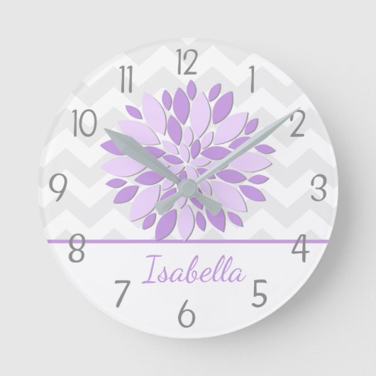 Purple Grey Dahlia Flower Nursery Wall Clock Runde Wanduhr (Vorderseite)