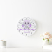 Purple Grey Owl Nursery Wall Clock Runde Wanduhr (Zuhause)
