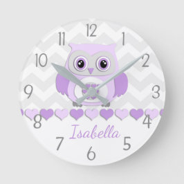 Purple Grey Owl Nursery Wall Clock Runde Wanduhr