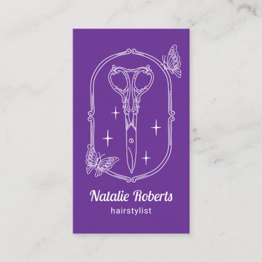 Purple Hair Stylist Cute Scissor & Butterfly Salon Visitenkarte (Vorderseite)