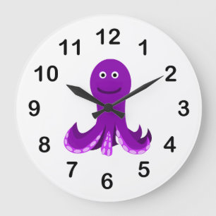 Purple happy octopus cartoon große wanduhr