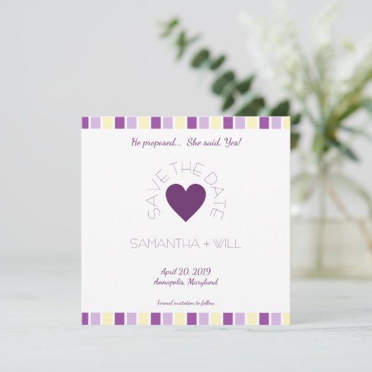 Purple Heart Modern and Minimalist Striped Design Save The Date (Stehend Vorderseite)