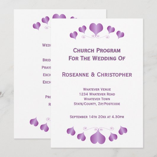 Purple Hearts Design Wedding Programm (Vorne/Hinten)