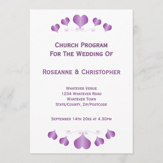 Purple Hearts Design Wedding Programm (Vorderseite)