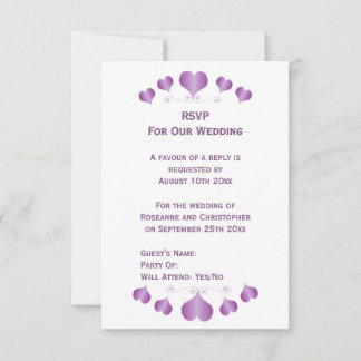 Purple Hearts Design Wedding RSVP Karte