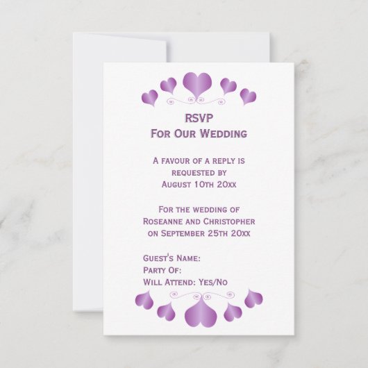 Purple Hearts Design Wedding RSVP Karte (Vorderseite)