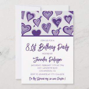 Purple Hearts Girly 81. Geburtstag Einladung