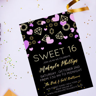 Purple Hearts und goldene Edelsteine Sweet 16 Folieneinladung