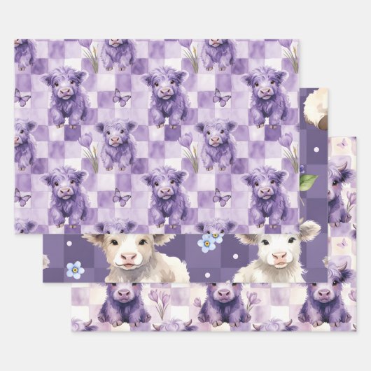 Purple Highland Cow Floral Checkered Geschenkpapier Set (Set)
