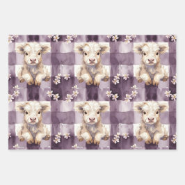 Purple Highland Cow Flowers Gingham Checkered Geschenkpapier Set
