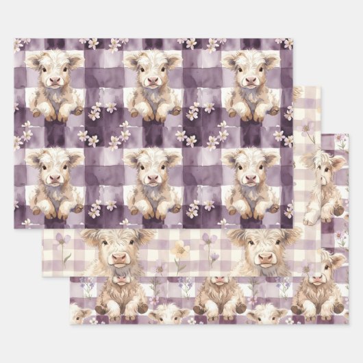 Purple Highland Cow Flowers Gingham Checkered Geschenkpapier Set (Set)