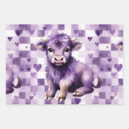 Purple Highland Cow Gingham Aesthetic Geschenkpapier Set