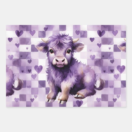 Purple Highland Cow Gingham Aesthetic Geschenkpapier Set (Vorderseite)